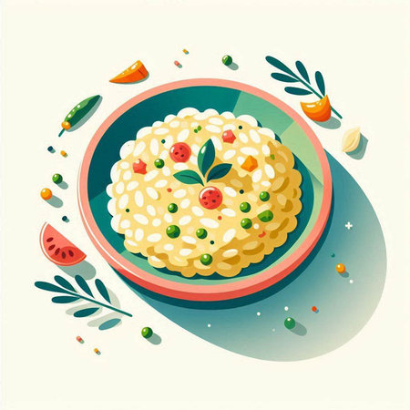 Risotto with green peas, tomatoes, cucumbers and olive oil. Vector illustration.の写真素材