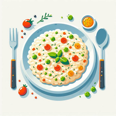Risotto with cherry tomatoes and basil on a plate. Vector illustration.の写真素材
