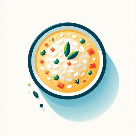 Illustration of a bowl of rice soup with vegetables on a white backgroundの写真素材