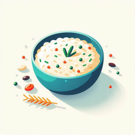 Rice porridge with green peas in a blue bowl. Vector illustration.の写真素材