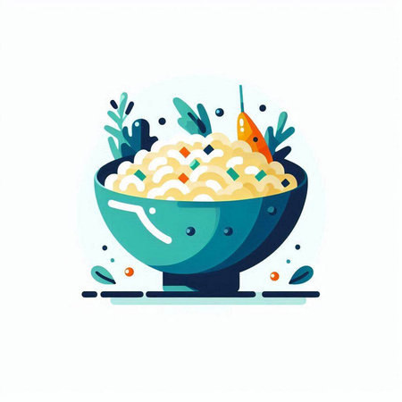 Bowl of rice with vegetables and herbs. Vector illustration in flat style.の写真素材