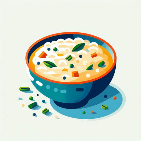 Illustration of a bowl of rice porridge with green peas and carrots