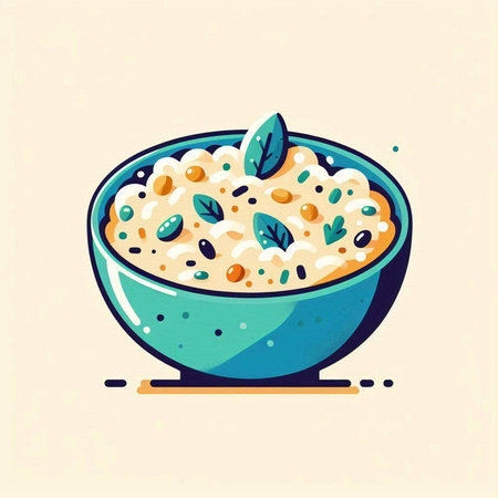 Vector illustration of oatmeal porridge in blue bowl. Healthy food.の写真素材
