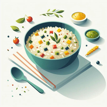 Rice with vegetables and herbs in a bowl. Vector illustration.