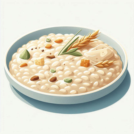 Illustration of a bowl of risotto with cheese and nuts.
