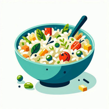 Illustration of a bowl of rice with vegetables and tofu, vector illustrationの写真素材