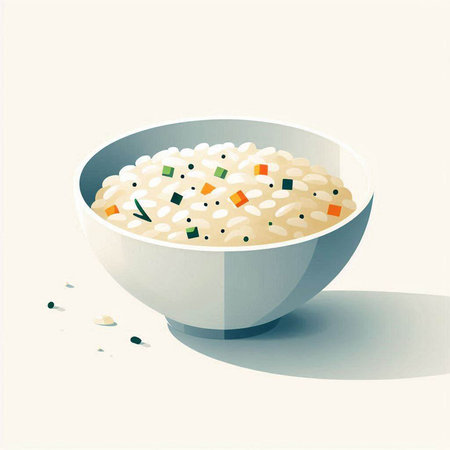 Risotto with vegetables in a porcelain bowl. Vector illustration.