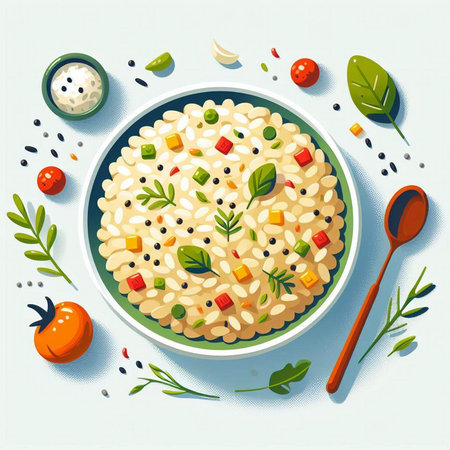 Risotto with tomato, pepper and herbs. Vector illustration.の写真素材
