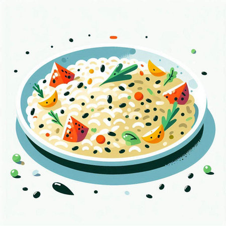 Risotto with watermelon, spinach and olives. Vector illustration.の写真素材