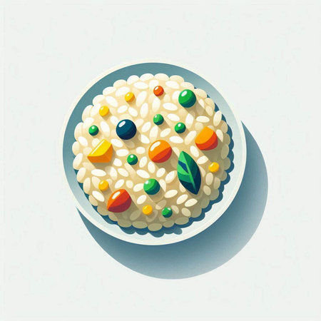 Rice with vegetables and fruits in a bowl. Vector illustration.の写真素材