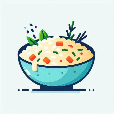Rice porridge with vegetables in a bowl. Vector illustration.の写真素材
