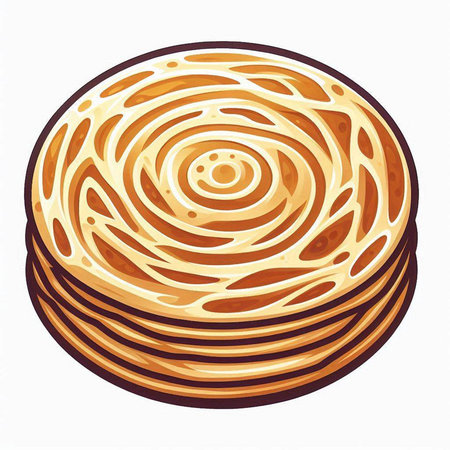 Illustration of a stack of round pancakes on a white background.