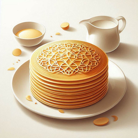3d illustration of a stack of pancakes on a plate with a cup of tea