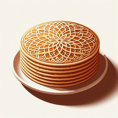 Illustration of a stack of round golden pancakes on a white plate