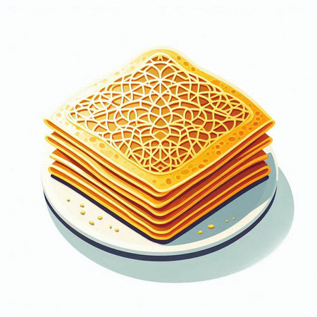 Illustration of a stack of golden oriental pancakes on a white background