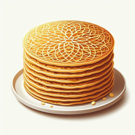 Illustration of a stack of pancakes on a plate with white backgroundの写真素材