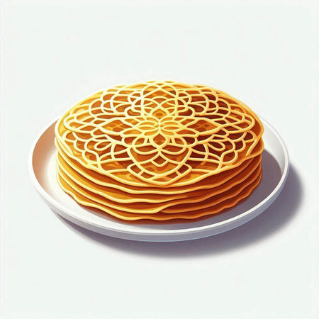 Illustration of a plate of pancakes with a pattern on a white backgroundの写真素材