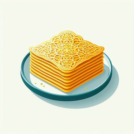 Illustration of a stack of lasagna on a blue plate on a white background