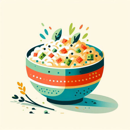 Vector illustration of a bowl of porridge with rice and vegetables.の写真素材