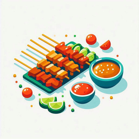 Skewers with sauce and lime. Isometric vector illustration.の写真素材