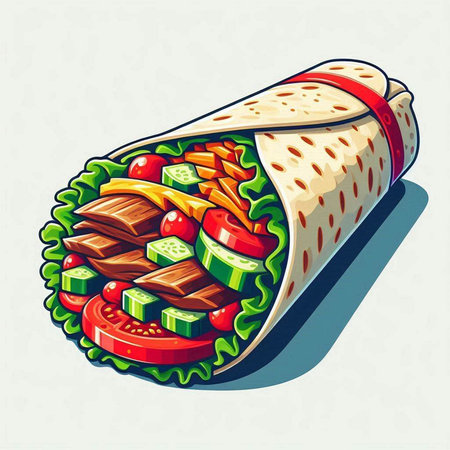 Tortilla with meat and vegetables. Vector illustration of fast food.