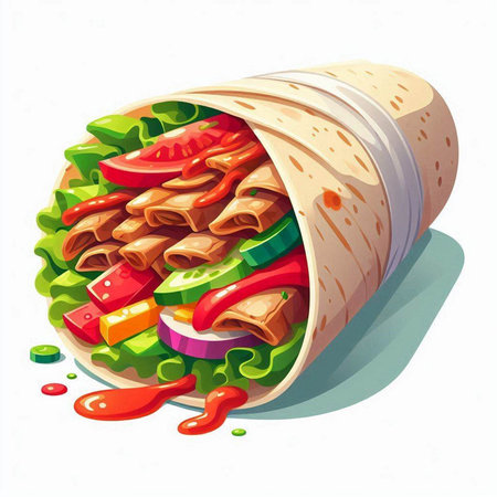 Tortilla wrap with meat, vegetables and sauce. Vector illustration.の写真素材