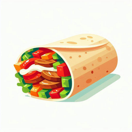 Illustration of a tortilla with sausage and vegetables on a white backgroundの写真素材
