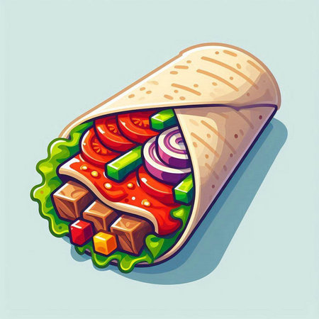 Tortilla with meat and vegetables. Vector illustration in cartoon style.