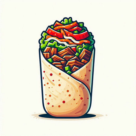Illustration of a tortilla wrap with meat and vegetables on a white backgroundの写真素材