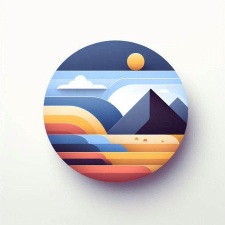 Illustration of abstract background with mountains and sun in paper cut styleの写真素材