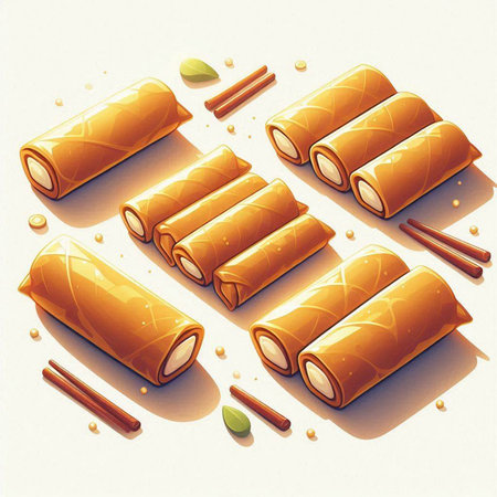 Crispy spring rolls with cinnamon and anise. Vector illustration.