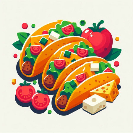 Mexican tacos with vegetables and cheese. Vector illustration in flat styleの写真素材
