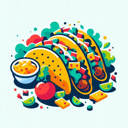 Mexican tacos with guacamole and vegetables. Vector illustration.の写真素材