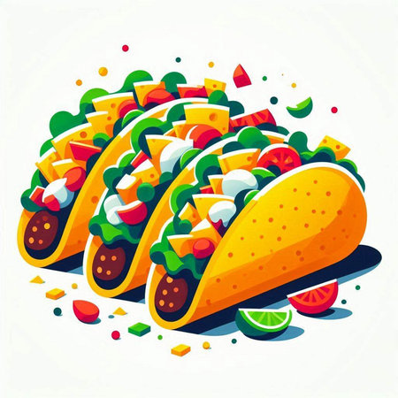 Mexican tacos on white background. Vector illustration of tacos in flat style.の写真素材
