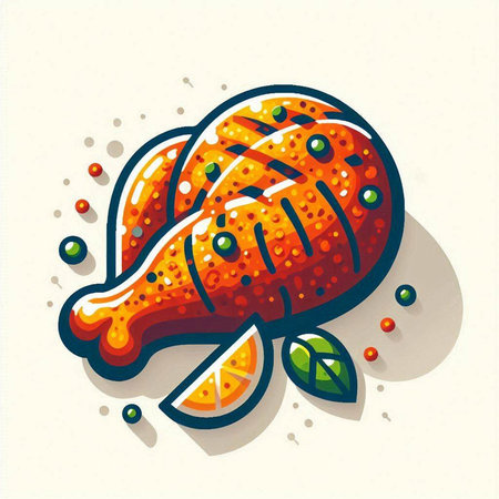 Illustration of a grilled chicken with orange on a light background.
