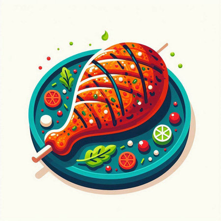 Roasted chicken legs on a plate with vegetables. Vector illustration.の写真素材