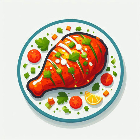 Grilled chicken fillet with tomato and parsley. Vector illustrationの写真素材