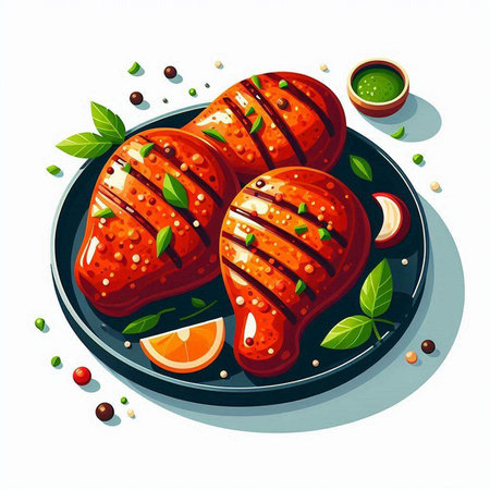 Grilled chicken thighs on a plate with sauce. Vector illustration.の写真素材