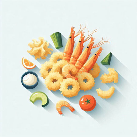 Illustration of a Set of Seafood with Shrimps and Vegetablesの写真素材