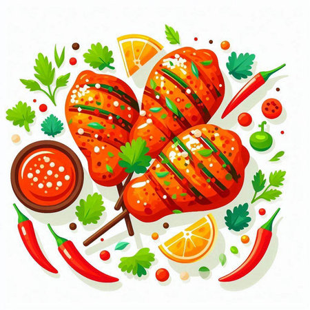 Grilled chicken wings with spices, herbs and tomato sauce. Vector illustrationの写真素材