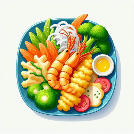 Illustration of a plate with shrimps and vegetables on a white backgroundの写真素材