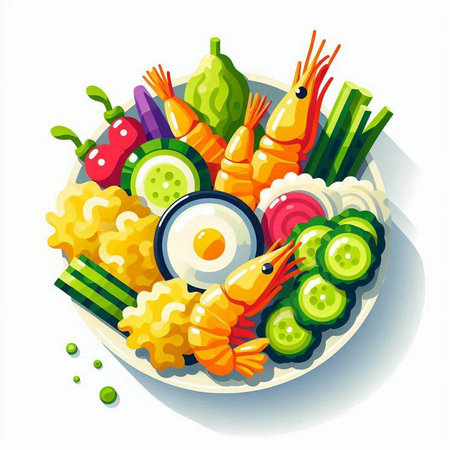 Vegetable salad with shrimps, zucchini, cucumber, tomato, onion, pepper, onion and egg. Vector illustration.の写真素材