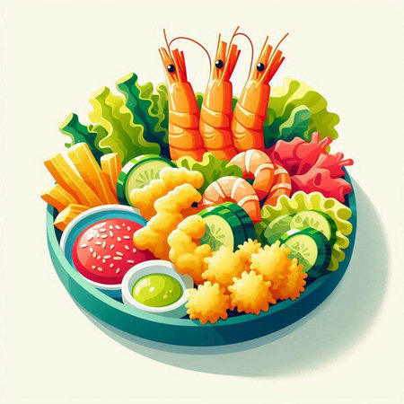 Illustration of a plate with shrimp and vegetables. Vector illustration.の写真素材
