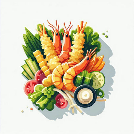 Vector illustration of shrimps and vegetables on a white background.の写真素材