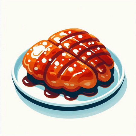 Illustration of a croissant on a plate with chocolate sauce