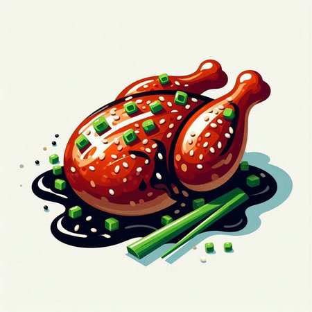 Illustration of a grilled chicken with green onion and soy sauce.の写真素材