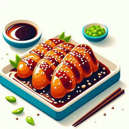 Illustration of japanese sushi with wasabi and soy sauceの写真素材