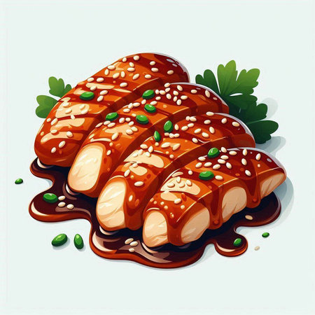 Illustration of a piece of teriyaki chicken with sesame seedsの写真素材