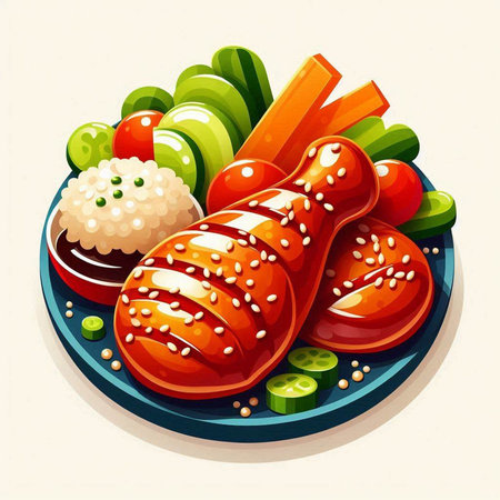 Illustration of grilled chicken with vegetables on plate. Vector illustration.の写真素材