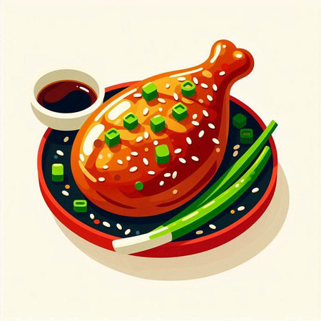 Illustration of fried chicken with sesame and soy sauce on a plateの写真素材